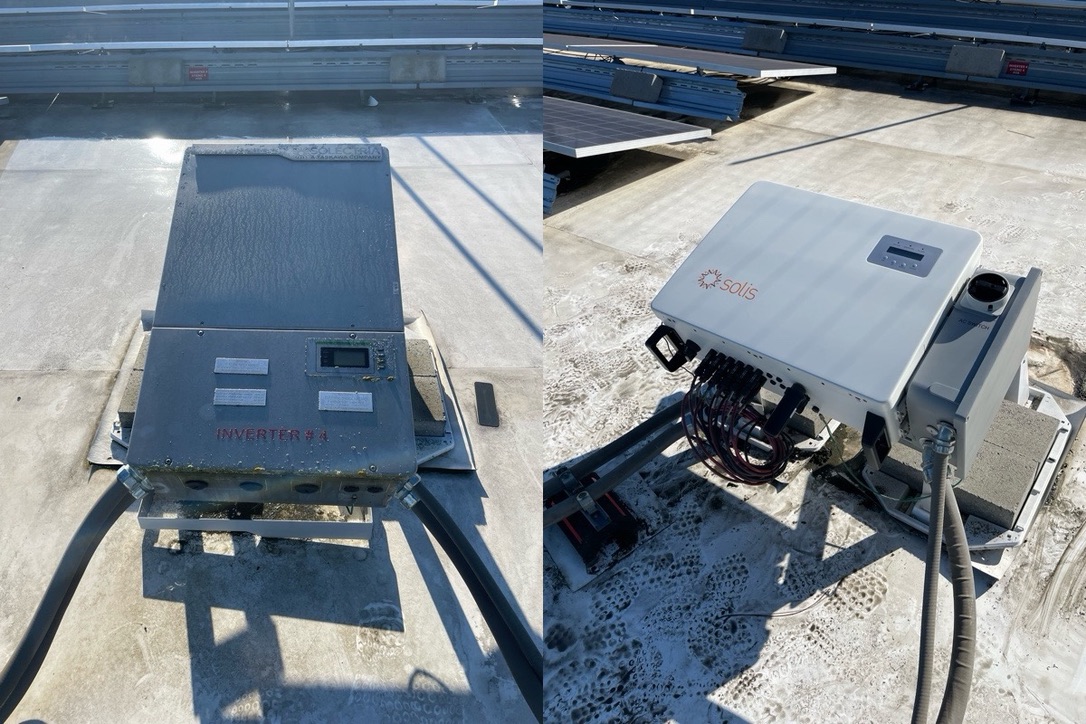 Inverter replacement in progress - labeled unit being swapped out
